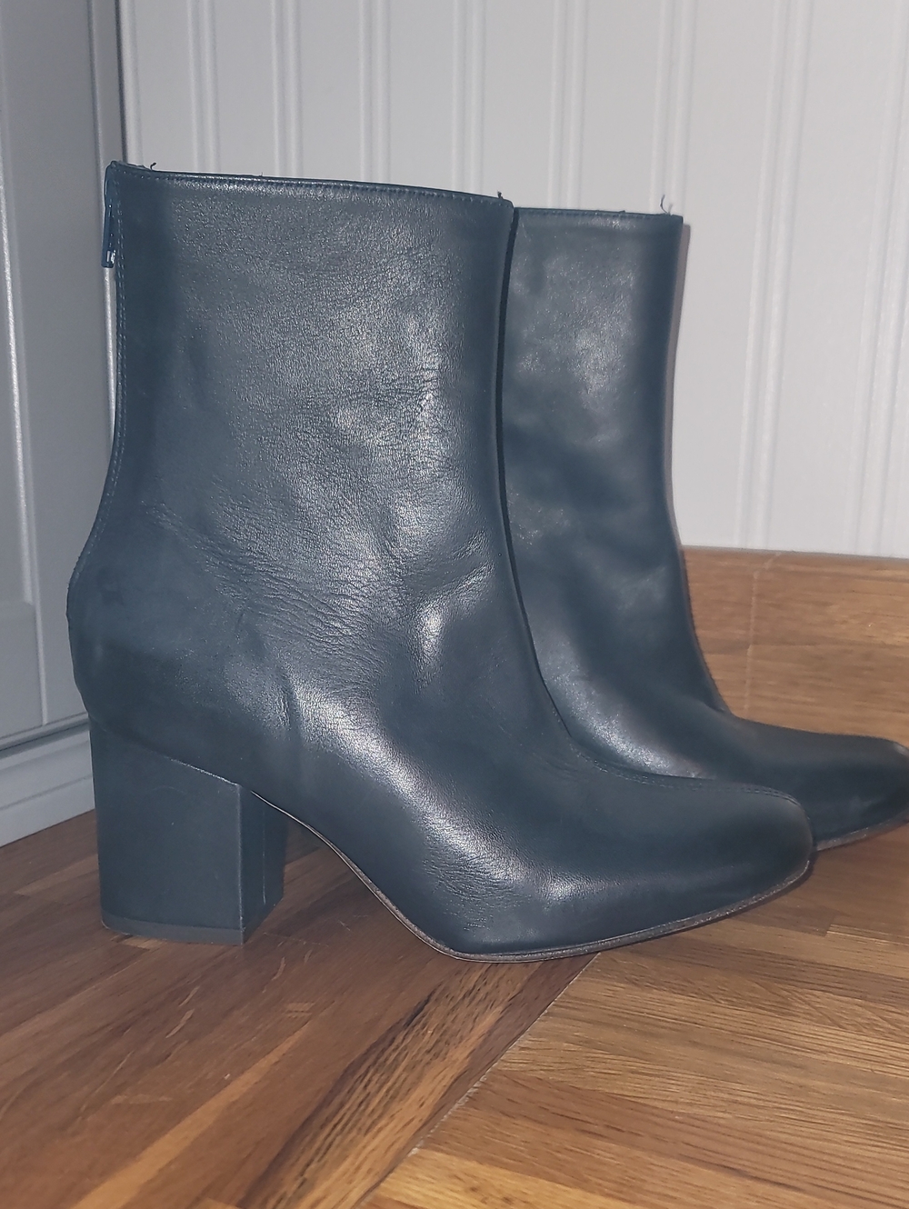Free People Dark Blue Leather Block Heel Ankle Boots